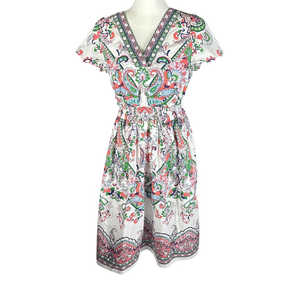 Talbots Modern Poplin Midi Dress Women's 8P Jubilant Paisley Smocked Waist